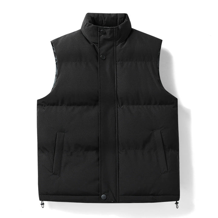 Men's Warm Quilted Outdoor Vest with High Stand-up Collar, Concealed Snap Placket, and Adjustable Hem