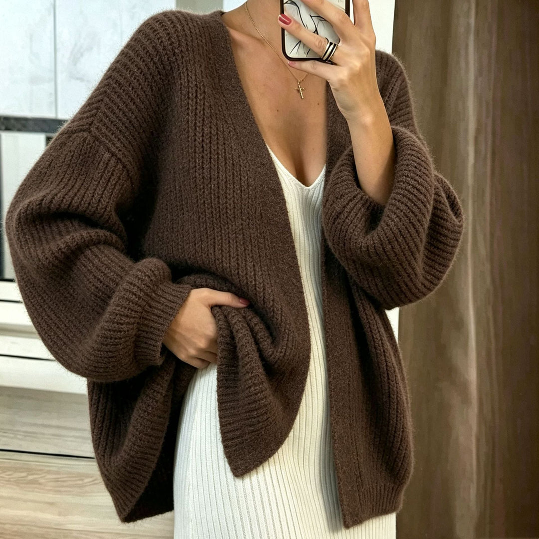Women Oversize Cardigan made of Coarse Ribbed Knit with Balloon Sleeves