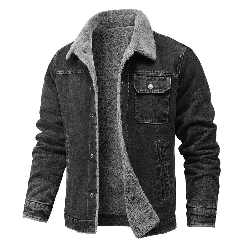 Men's Vintage Denim Jacket with Sherpa Lining, Shirt Collar and Functional Pockets