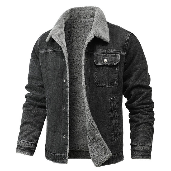 Men's Vintage Denim Jacket with Sherpa Lining, Shirt Collar and Functional Pockets