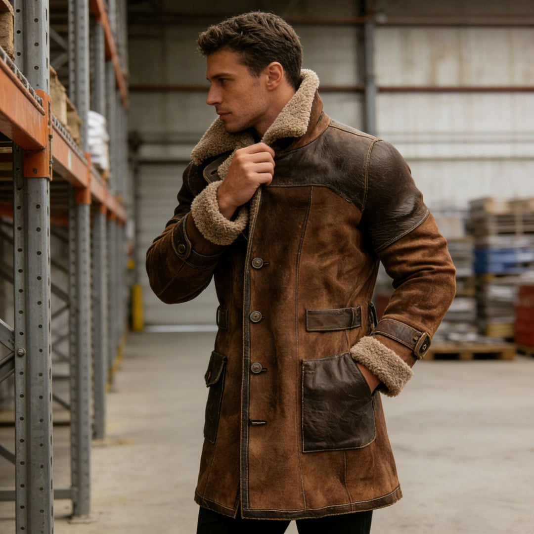 Men's Long Shearling Coat made of Suede with Leather Trim