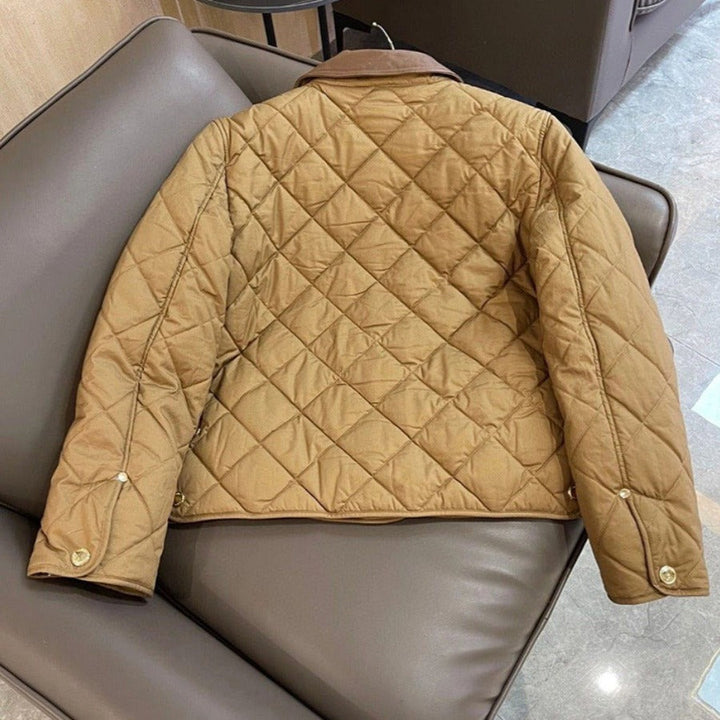 Women's Quilted Transitional Jacket with Leather Collar and Snap Button Closure