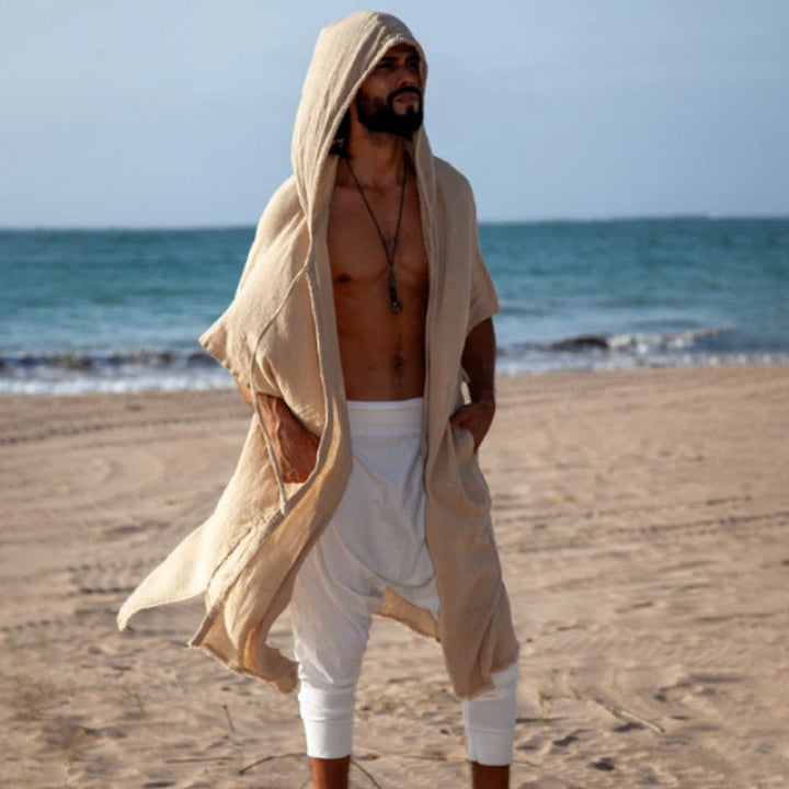 Men's Hooded Kaftan made of Linen-Cotton Blend Oversized with Pockets