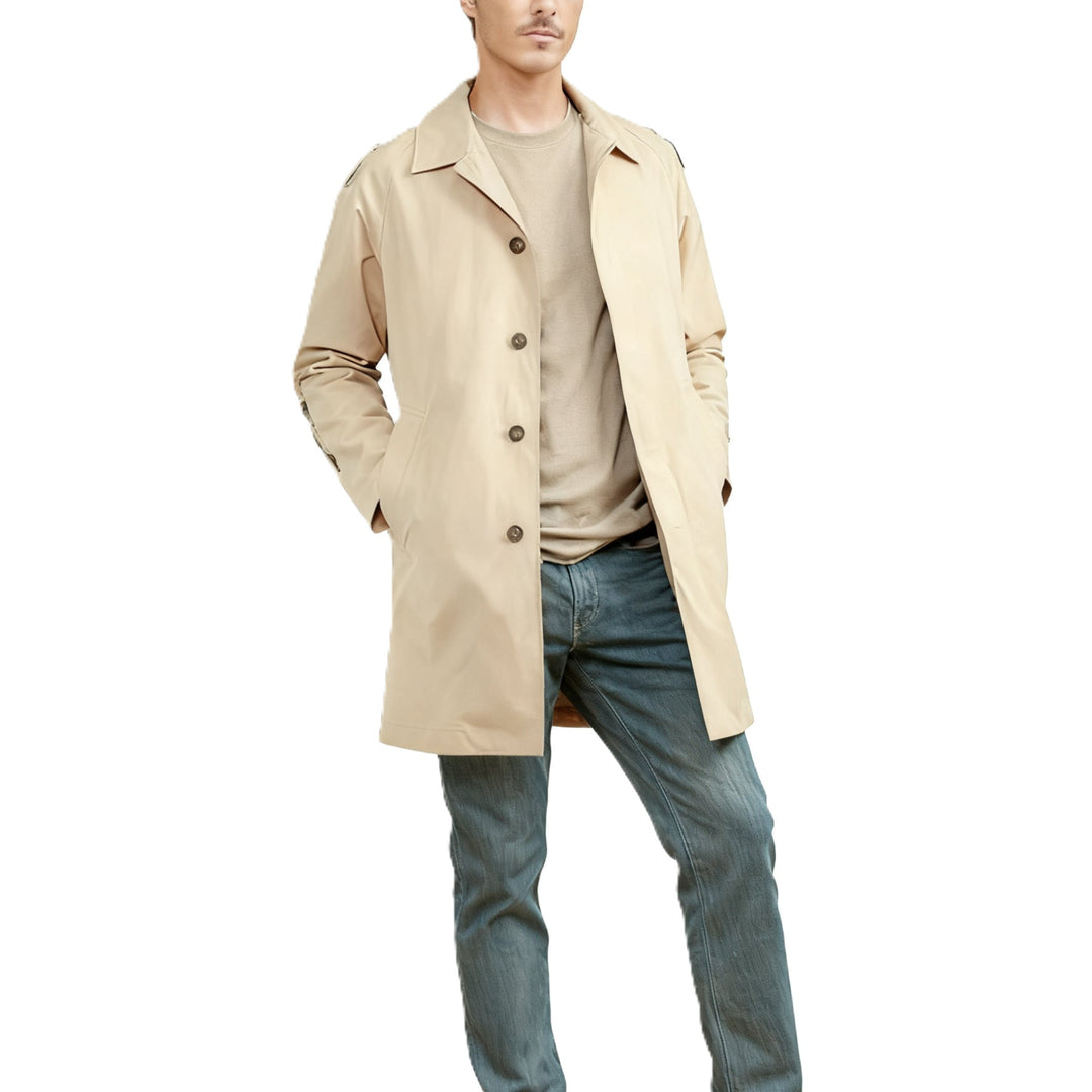 Men's Mid-length Car Coat with Lapel Collar and Concealed Button Placket