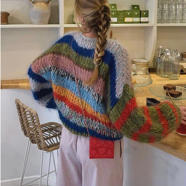 Women's Cozy Knit Sweater with Flared Sleeves and Colorful Stripe Pattern