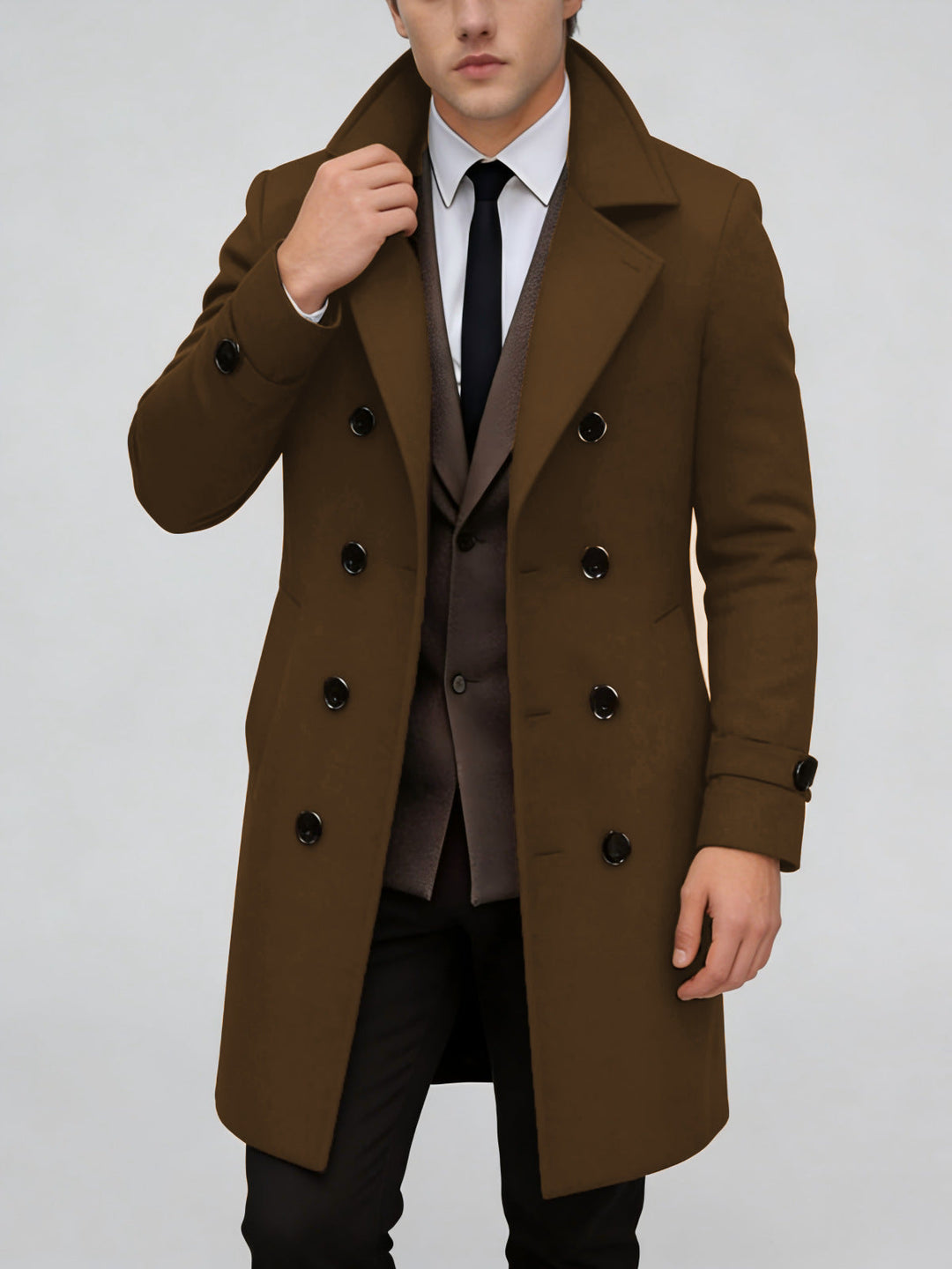 Men's Elegant Single-Breasted Long Coat made of Wool Blend with Slim Silhouette and Lapel Collar