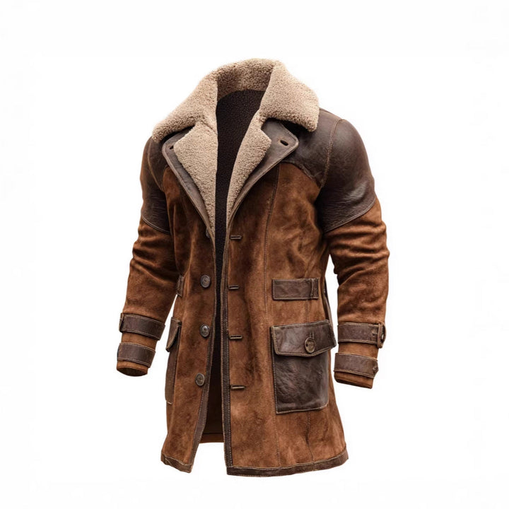 Men's Long Shearling Coat made of Suede with Leather Trim