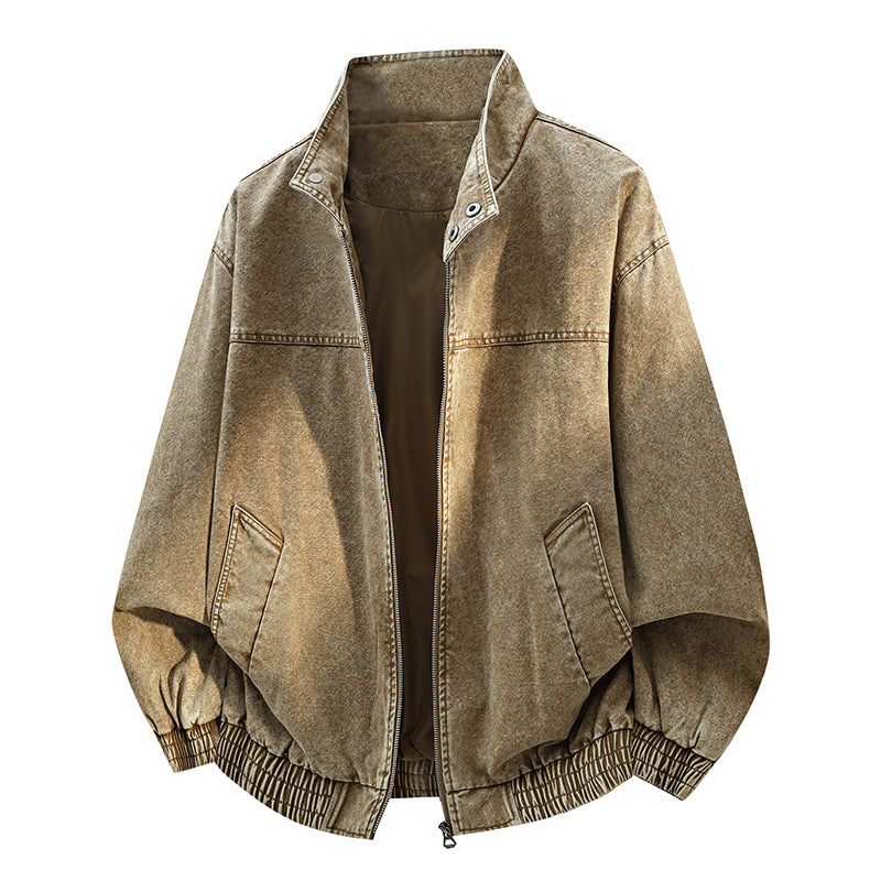Men's Oversized Bomber Jacket in Used Effect with Stand-Up Collar, Elastic Band and Flap Pockets