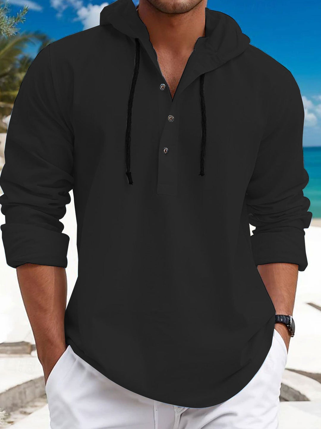 Men's Summer Hoodie Henley with Hidden Button Placket, Drawstring and Rounded Hem