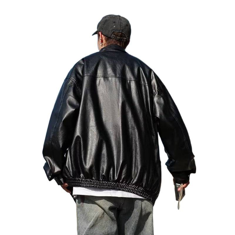 Men's Oversized Faux Leather Bomber Jacket with Stand Collar and Elastic Hem
