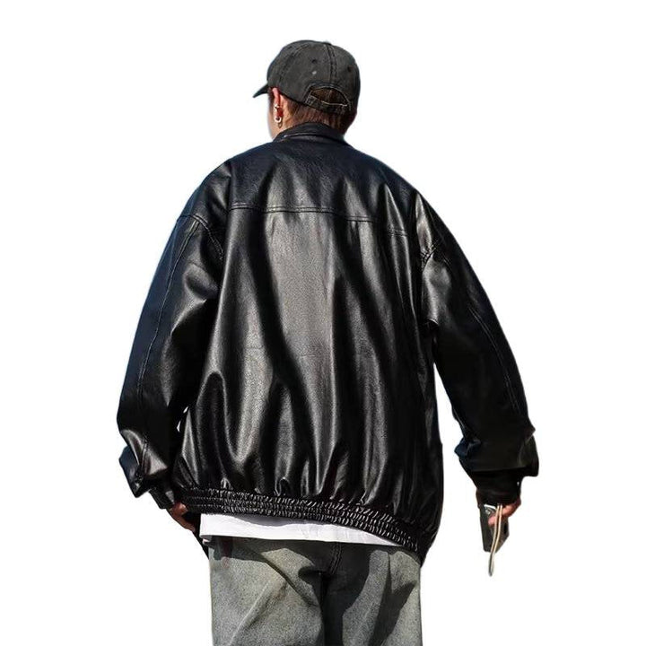 Men's Oversized Faux Leather Bomber Jacket with Stand Collar and Elastic Hem