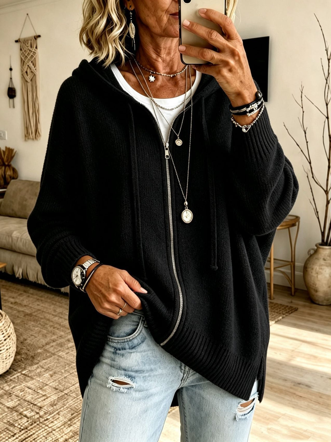 Women's Oversize Hooded Zip Cardigan made of Soft Fine Knit
