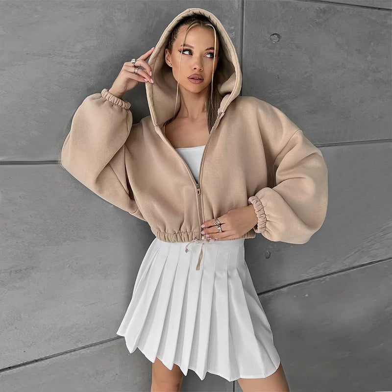 Women's Short Hooded Jacket with Drawstring Waistband, Balloon Sleeves, and Half-height Zipper