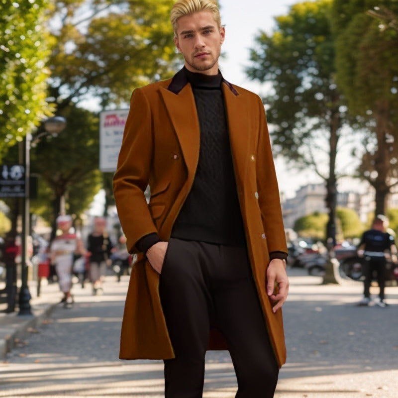Men's Modern Urban Coat with Double Button Placket and Velvet Collar