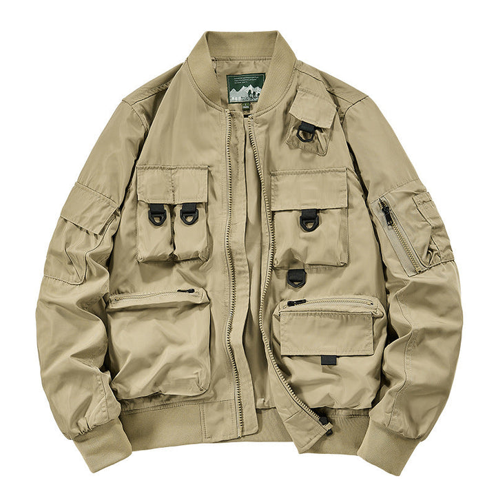 Men's Multifunctional Utility Bomber Jacket with Numerous Pockets, D-ring Details, and Wind-resistant Nylon Shell