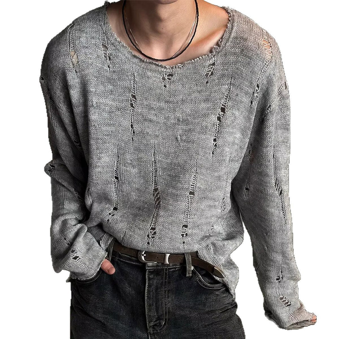 Men's Casual, Oversized Knit Sweater with Distressed Details