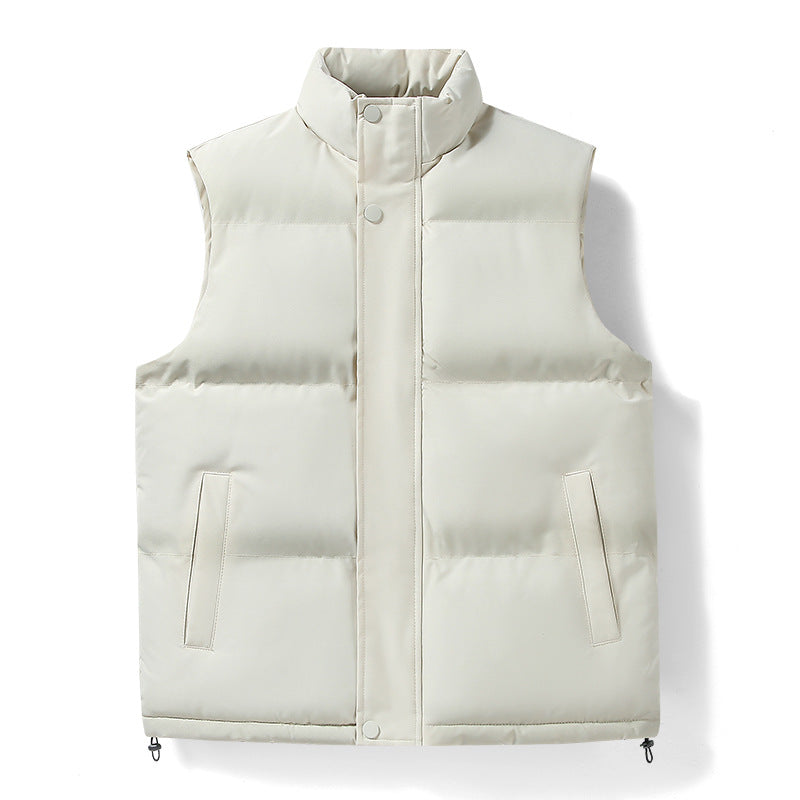 Men's Warm Quilted Outdoor Vest with High Stand-up Collar, Concealed Snap Placket, and Adjustable Hem