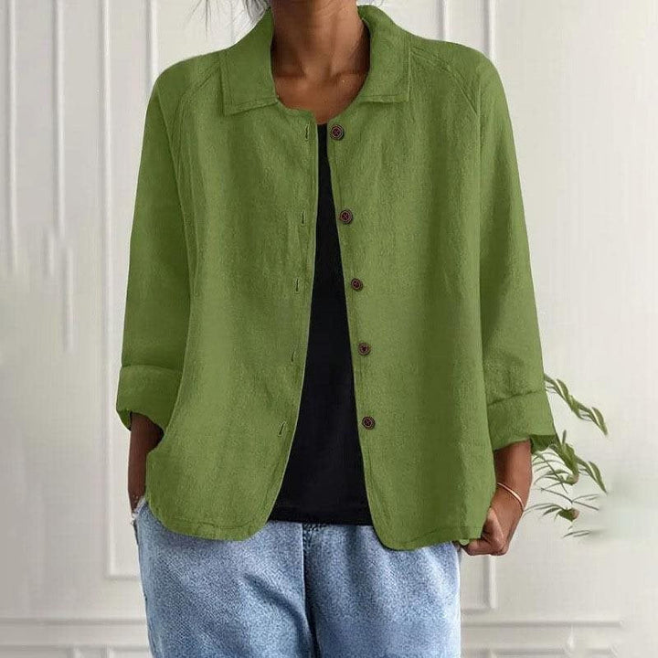 Women's Oversized Linen Shirt Jacket with Shirt Collar, 3/4 Sleeves and Continuous Button Placket