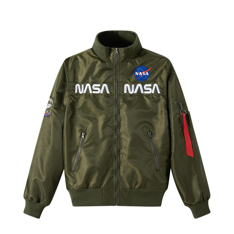 Men's Retro Space-logo Nylon Zip Bomber with Angled Zip Pockets and Utility Sleeve Tab