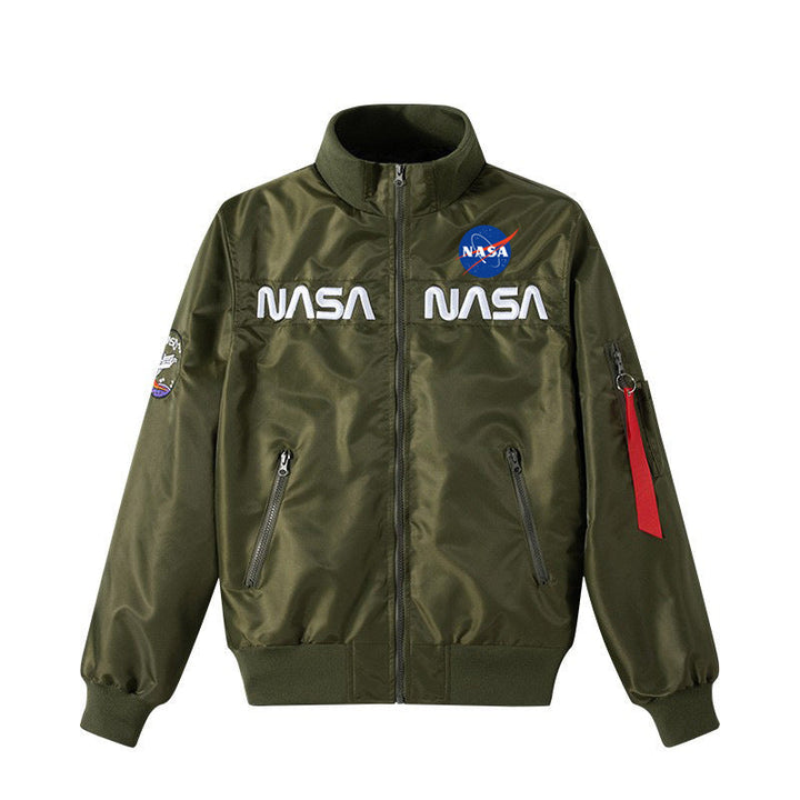 Men's Retro Space-logo Nylon Zip Bomber with Angled Zip Pockets and Utility Sleeve Tab