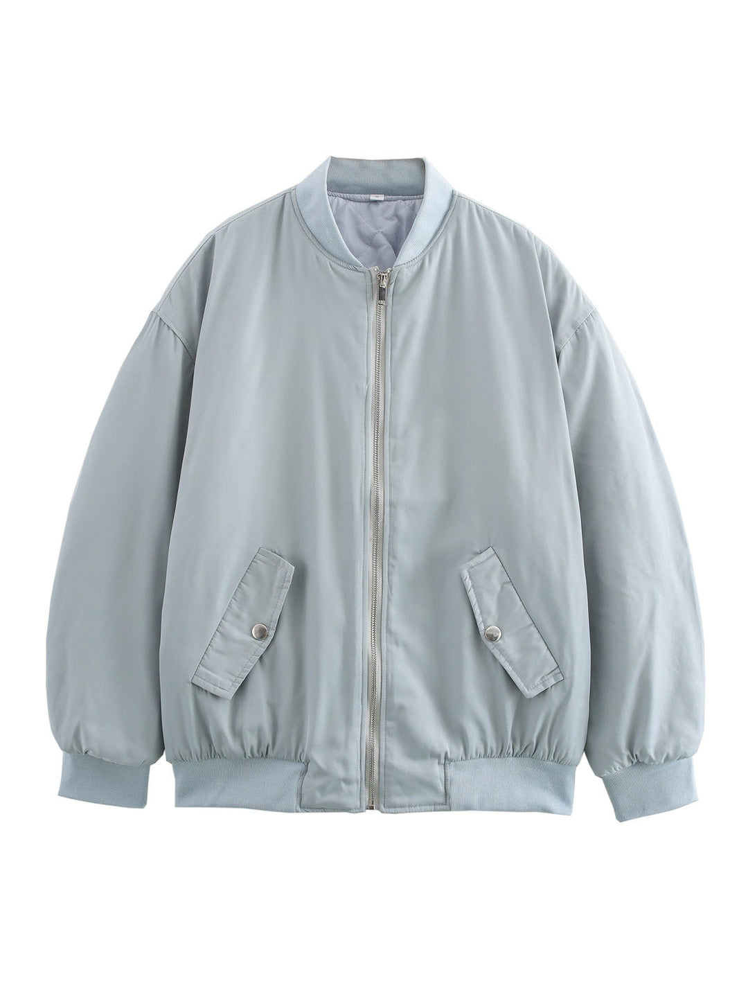 Women's Oversized Bomber Jacket with Stand-up Collar, Zipper and Snap Button Pockets