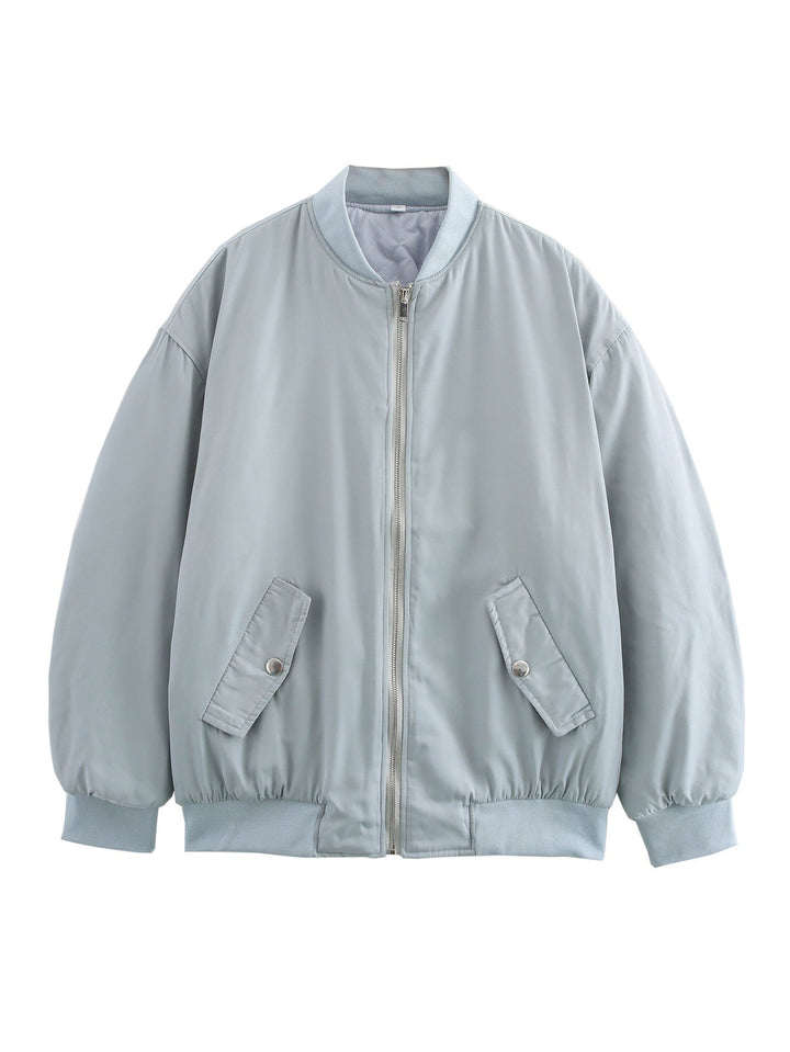 Women's Oversized Bomber Jacket with Stand-up Collar, Zipper and Snap Button Pockets