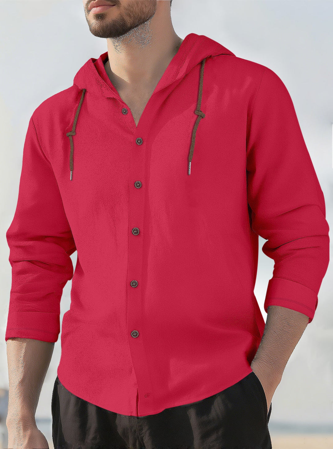 Men's Textured Linen Blend Hooded Shirt with Button Placket, Wood Buttons, and Side Slits
