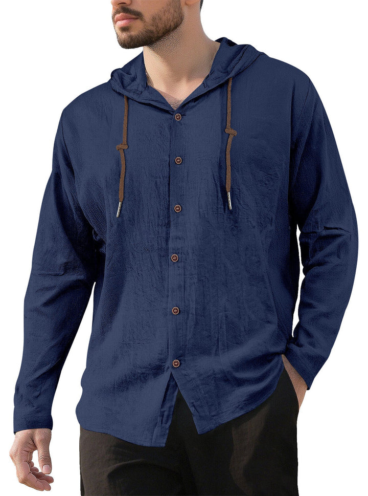 Men's Textured Linen Blend Hooded Shirt with Button Placket, Wood Buttons, and Side Slits