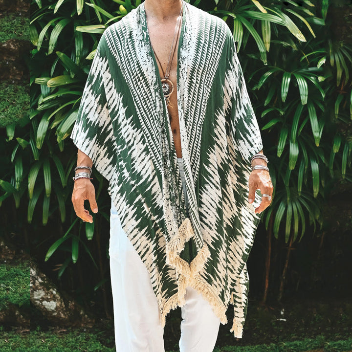 Men's Lightweight Beach Poncho in Kimono Style with Fringe