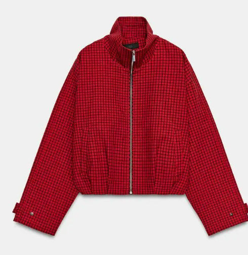 Women's Cropped Blouson Jacket made of Woven Fabric with Stand-up Collar, Elastic Hem, and Fine Check Design
