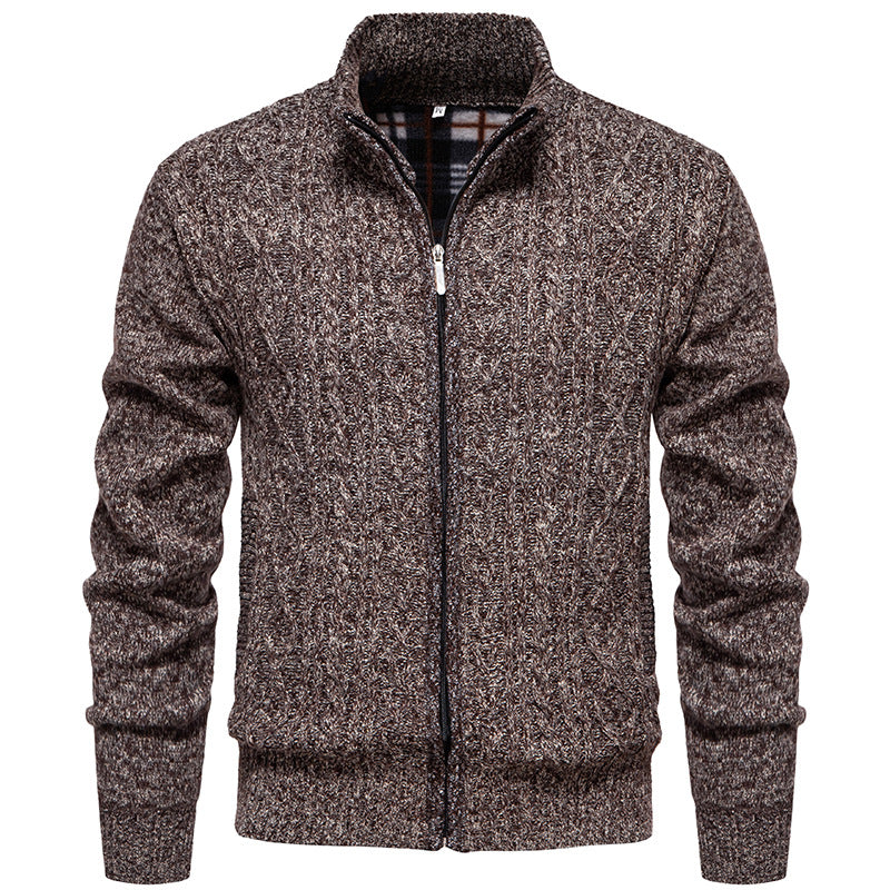 Men's Chunky Knit Cardigan with Cable Pattern, Stand-up Collar and Checked Inner Lining