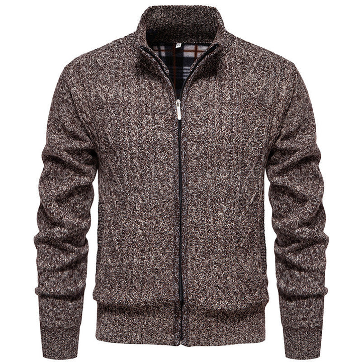 Men's Chunky Knit Cardigan with Cable Pattern, Stand-up Collar and Checked Inner Lining