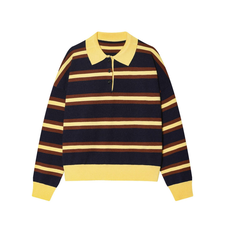 Women's Striped Fine Knit Polo Sweater with Button Placket, Ribbed Cuffs, and Light Wool Blend