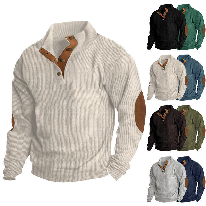 Men's Ribbed Henley Sweater with Stand Collar, Button Placket & Leather Elbow Patches