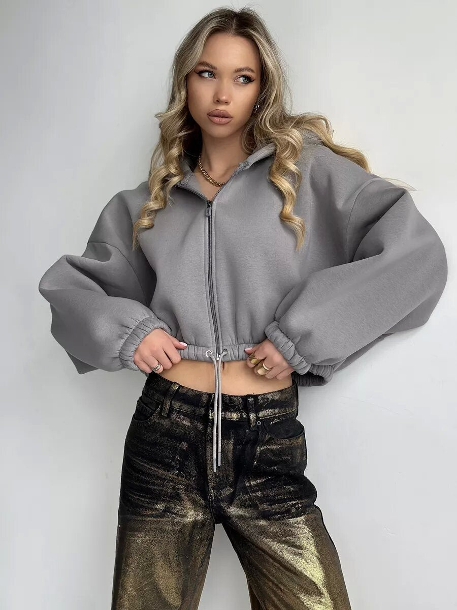 Women's Short Hooded Jacket with Drawstring Waistband, Balloon Sleeves, and Half-height Zipper