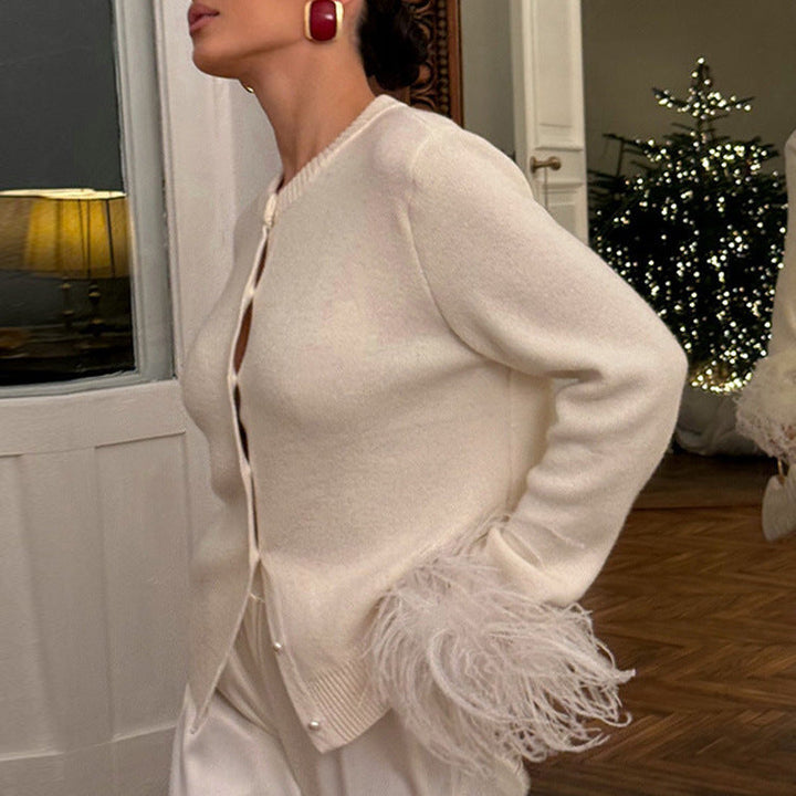 Women's Pearl Button Cardigan with Faux Feather Cuffs
