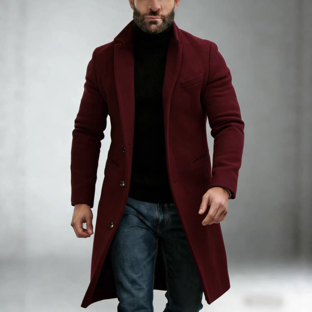 Men's Elegant Single-Breasted Long Coat made of Wool Blend with Slim Silhouette and Lapel Collar