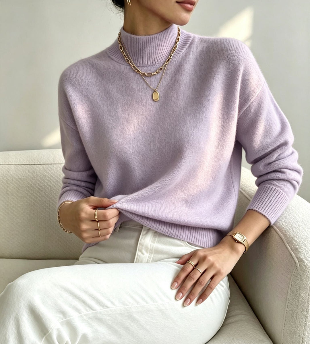 Women's Cozy Fine-knit Pullover with Stand-up Collar and Drop Shoulder
