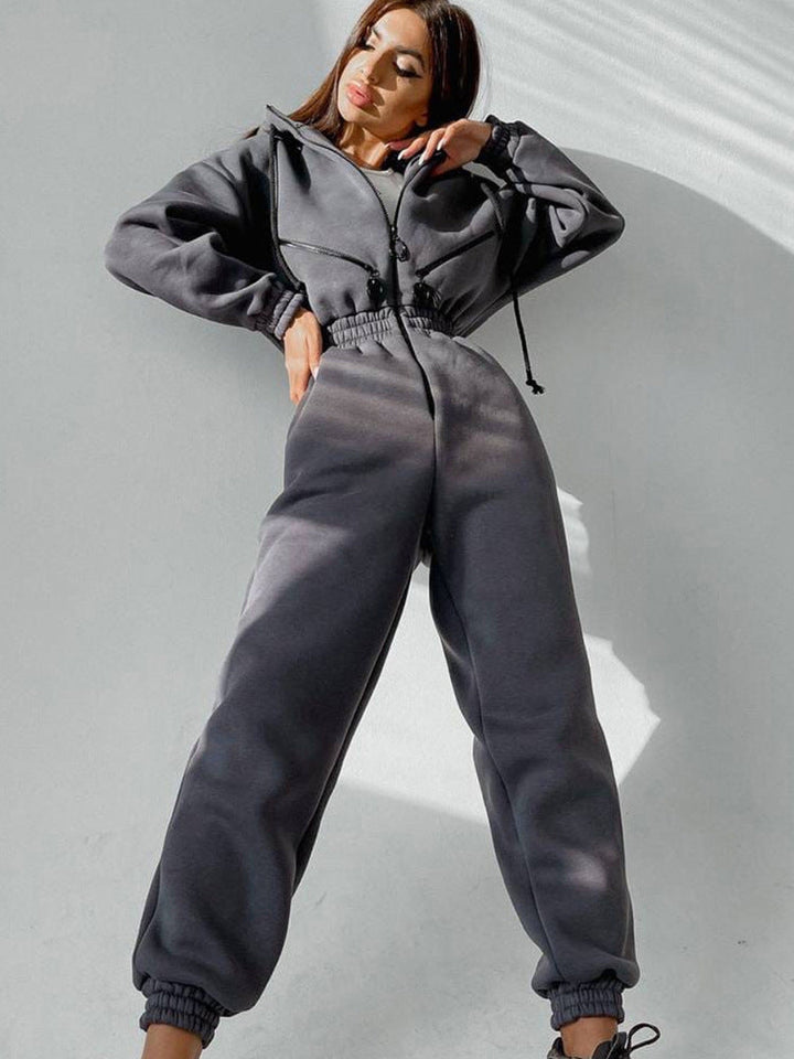 Women's Tailored Hooded Sweat Jumpsuit with Zipper and Elastic Waistband