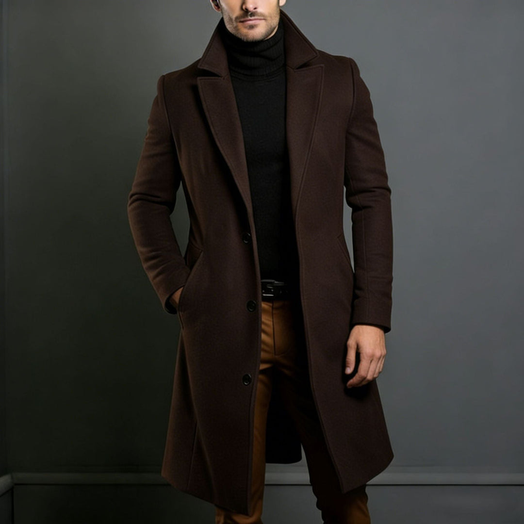 Men's Elegant Single-Breasted Long Coat made of Wool Blend with Slim Silhouette and Lapel Collar
