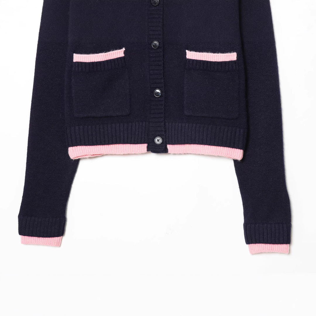 Women's Shortened Cardigan with Button Placket, Ribbed Cuffs, and Decorative Pockets
