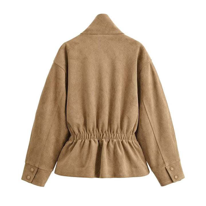 Women's Short Jacket in Suede Look with Stand-up Collar and Tie Belt