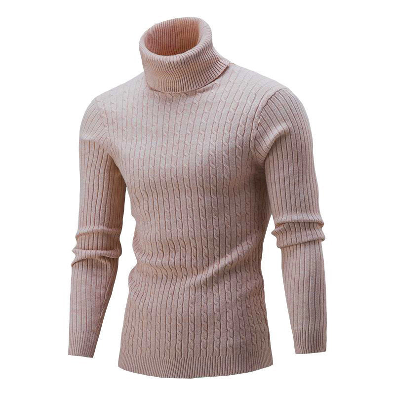 Men's Ribbed Turtleneck Sweater with Cable Knit Pattern and Form-fitting Slim-fit Silhouette
