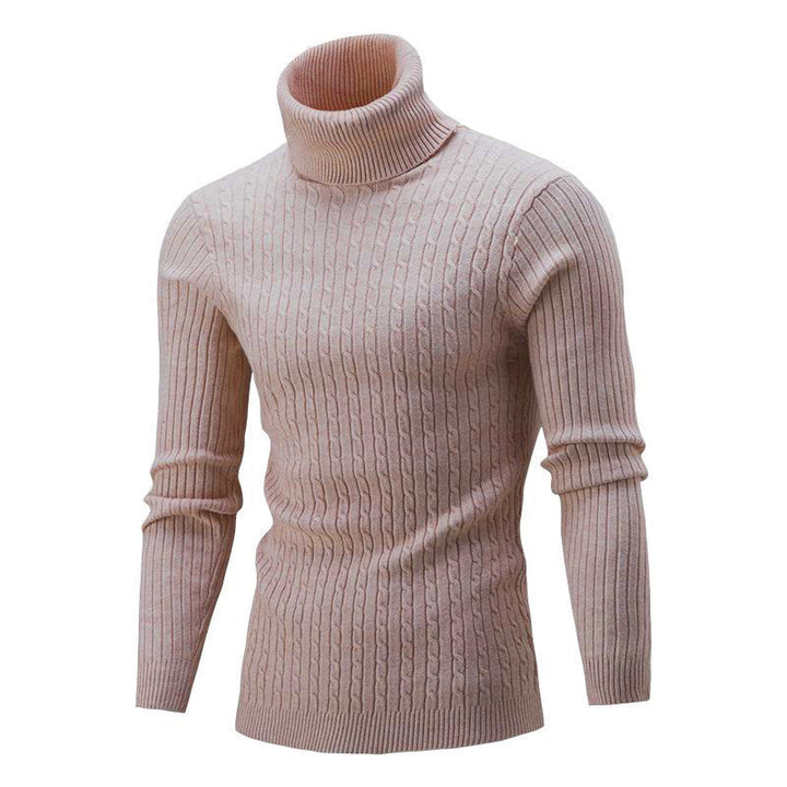 Men's Ribbed Turtleneck Sweater with Cable Knit Pattern and Form-fitting Slim-fit Silhouette