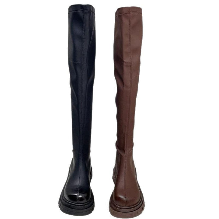 Women's Thigh-High Stretch Boots with Sleek Shaft and Shaped Platform Sole