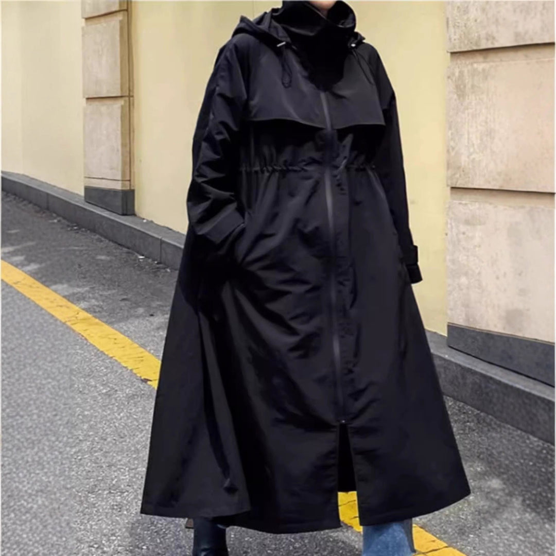 Women Oversize Long Raincoat with Hood, Water-Repellent Fabric and Wide A-Line Cut