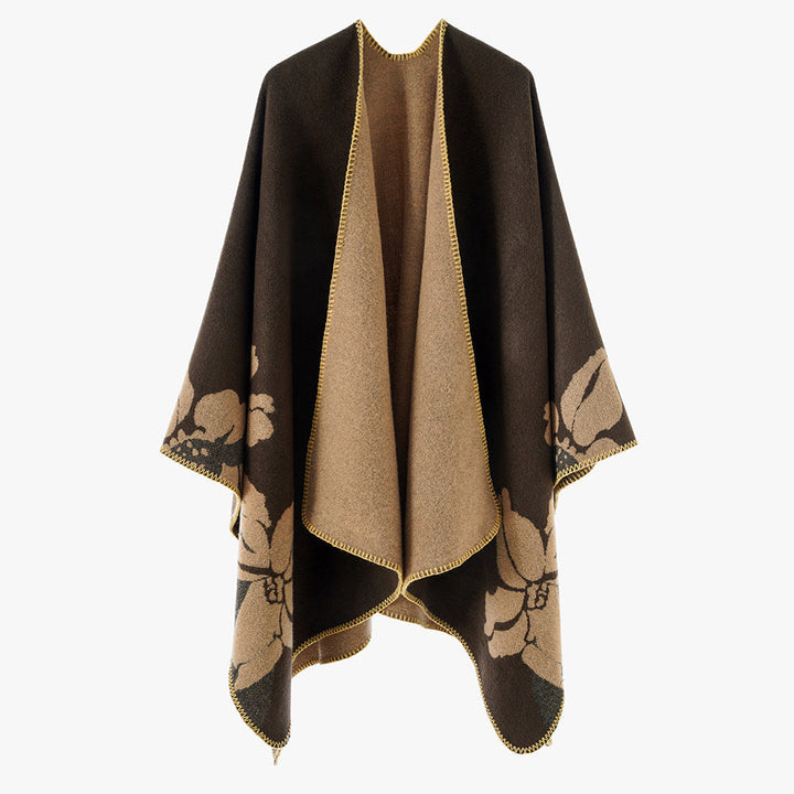 Women's Reversible Wool Blend Cape with Floral Jacquard and Open Draping