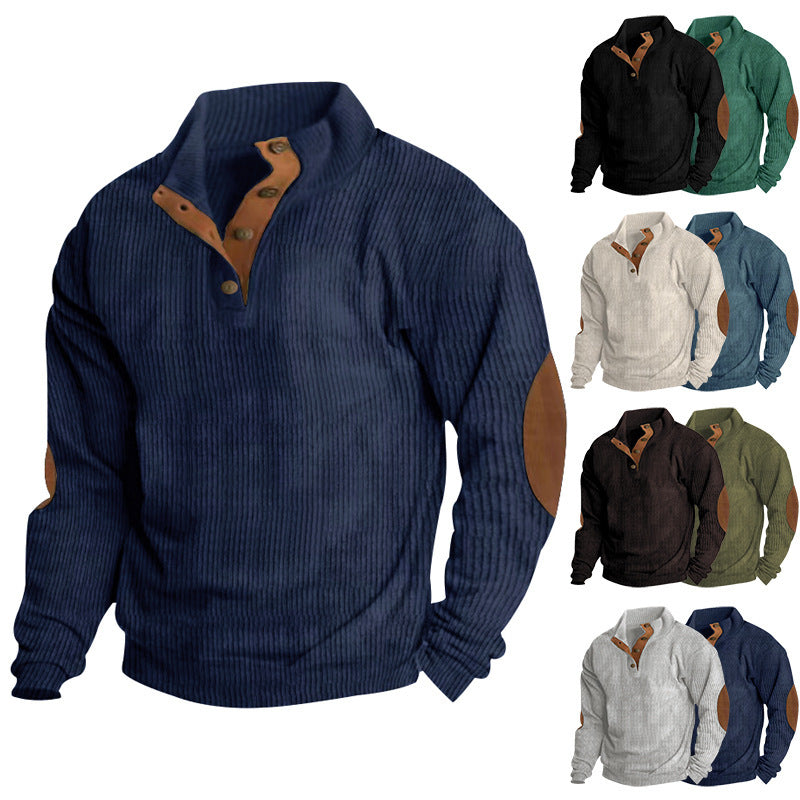 Men's Ribbed Henley Sweater with Stand Collar, Button Placket & Leather Elbow Patches