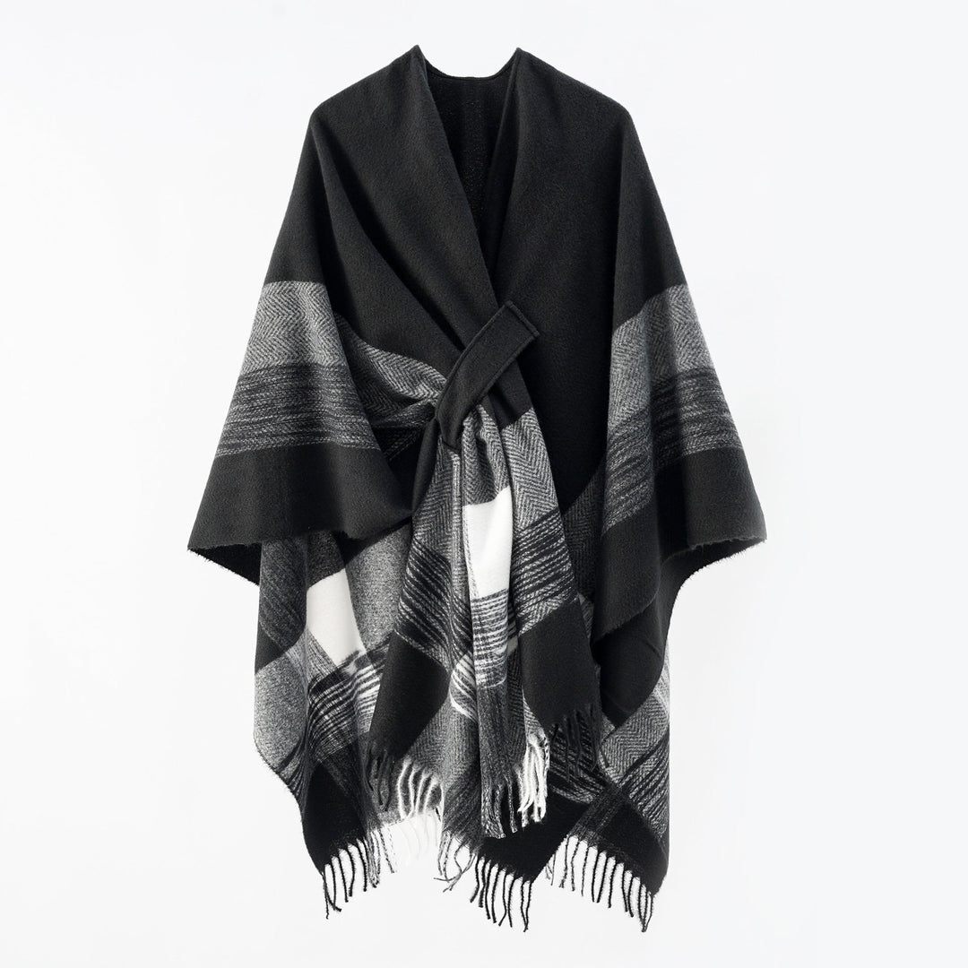 Women's Cape Wrap made of Wool Blend with Tie Belt and Check Pattern