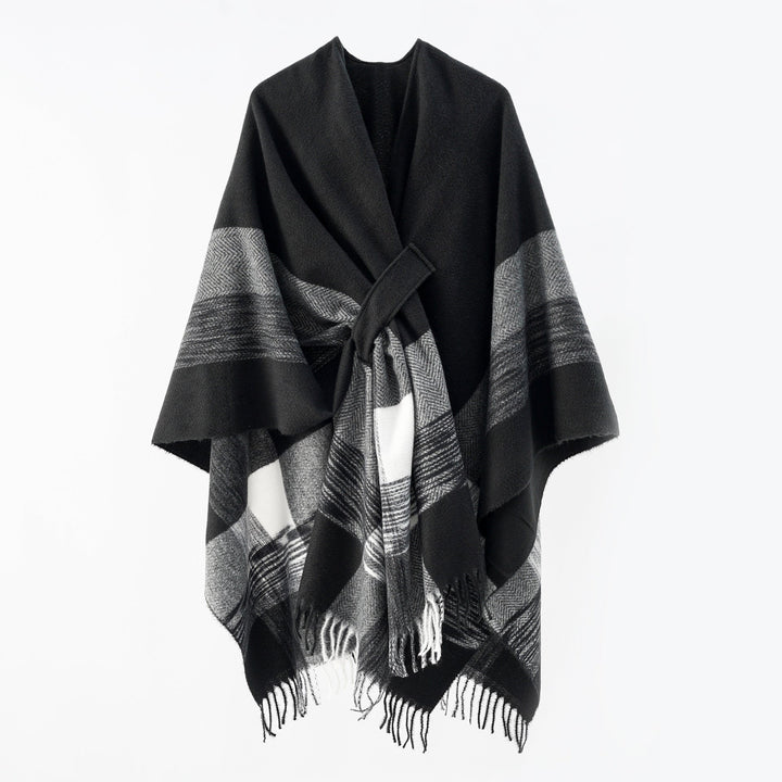 Women's Cape Wrap made of Wool Blend with Tie Belt and Check Pattern